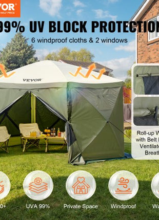 Pop Up Gazebo Tent, Pop-Up Screen Tent 6 Sided Canopy Sun Shelter with 6 Removable Privacy Wind Cloths & Mesh Windows, 12x12FT Quick Set Screen Tent with Mosquito Netting, Army Green