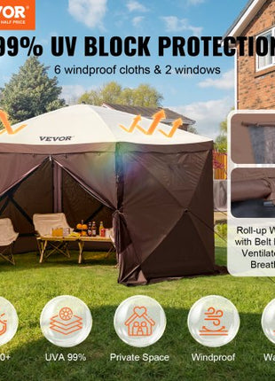Pop Up Gazebo Tent, Pop-Up Screen Tent 6 Sided Canopy Sun Shelter with 6 Removable Privacy Wind Cloths & Mesh Windows, 12.5x12.5FT Quick Set Screen Tent with Mosquito Netting, Brown