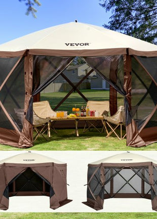 Pop Up Gazebo Tent, Pop-Up Screen Tent 6 Sided Canopy Sun Shelter with 6 Removable Privacy Wind Cloths & Mesh Windows, 12.5x12.5FT Quick Set Screen Tent with Mosquito Netting, Brown