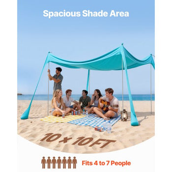Beach Tent Sun Shelter, UPF50+ Sun Protection, 6.6 ft Tall, 10 x 10 ft, Easy Pop Up Beach Canopy with Sandbags, Stability Poles, Sand Shovels, Portable Shade for Family Outings, Camping, Fishing