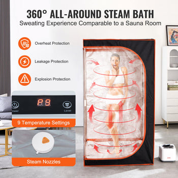 360° all-around steam bath in orange and silver with 9 temperature settings, offering a sauna-like sweating experience.