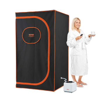 Black VEVOR portable steam sauna with orange trim, featuring a white robe and spa accessories for home relaxation.