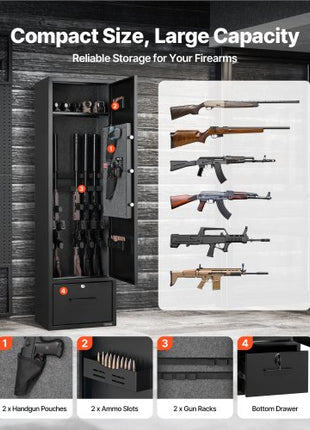 4 Gun Safe, Long Gun Cabinet for Rifles and Pistols, Quick Access Rifle Safe with 2 Ammo Slots, 2 Pistol Pockets & 2 Adjustable Racks, Large Digital Cabinet with Key and Password Lock