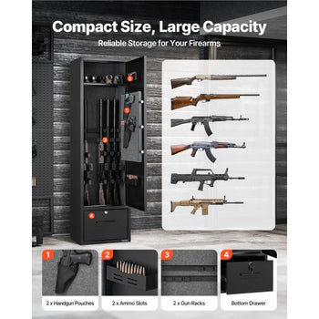 4 Gun Safe, Long Gun Cabinet for Rifles and Pistols, Quick Access Rifle Safe with 2 Ammo Slots, 2 Pistol Pockets & 2 Adjustable Racks, Large Digital Cabinet with Key and Password Lock
