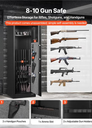 8-10 Gun Safe, Long Gun Cabinet for Rifles and Pistols, Quick Access Rifle Safe with 3 Pistol Pockets and Adjustable Racks, Large Digital Cabinet with Fingerprint and Password Lock