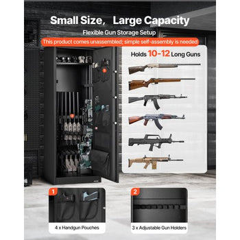 10-12 Gun Safe, Long Gun Cabinet for Rifles and Pistols, Quick Access Rifle Safe with 4 Pistol Pockets and 3 Adjustable Racks, Large Digital Cabinet with Key and Password Lock