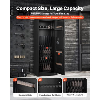 6-8 Gun Safe, Long Gun Cabinet for Rifles and Pistols, Quick Access Rifle Safe with 3 Ammo Slots and 2 Adjustable Racks, Large Digital Cabinet with Key and Password Lock
