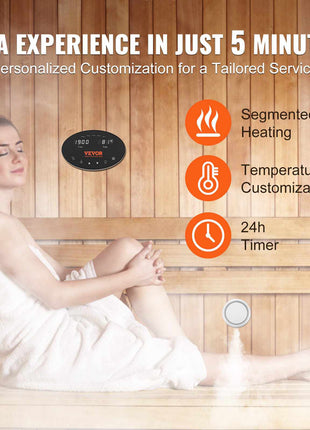 Woman in a sauna wearing a white towel; features VEVOR control panel with segmented heating and timer settings.