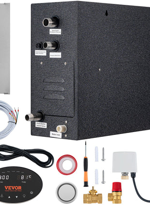Black electric tankless water heater with LCD display, connectors, and installation accessories. Compact design for efficient heating.