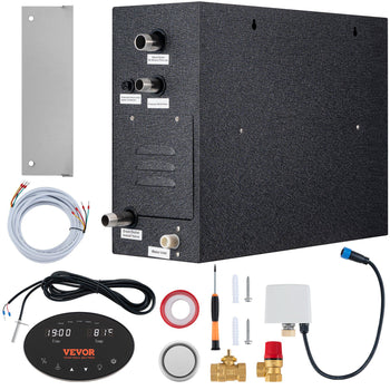 Black electric tankless water heater with LCD display, connectors, and installation accessories. Compact design for efficient heating.