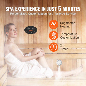 Woman in a white towel enjoying a wood sauna with digital controls for segmented heating and temperature customization.