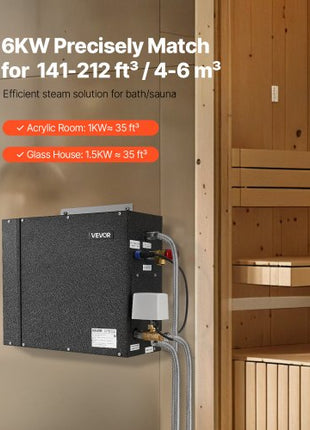 Steam Generator, 6 kW Steam Shower System with Controller for Home Sauna Bath Spa, Commercial Auto Drain Kit with Overheat, Dry-Run & Overpressure Protection, 10 Min to 24h Efficient, Black