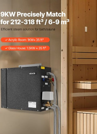 Steam Generator, 9 kW Steam Shower System with Controller for Home Sauna Bath Spa, Commercial Auto Drain Kit with Overheat, Dry-Run & Overpressure Protection, 10 Min to 24h Efficient, Black