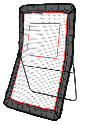 Black and red basketball rebounder training net with sturdy metal frame for skill-building practice.