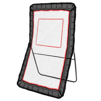 Black and red basketball rebounder training net with sturdy metal frame for skill-building practice.