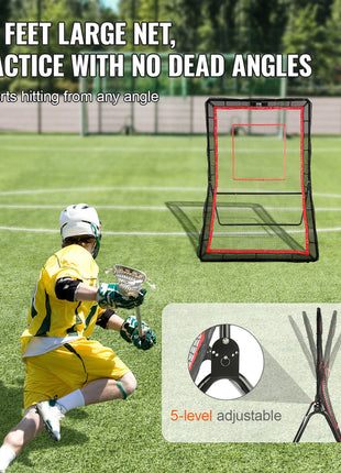 5x7 ft adjustable lacrosse practice net, durable black fabric with red accents, perfect for hitting from any angle.