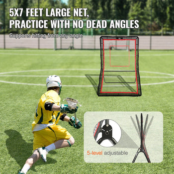5x7 ft adjustable lacrosse practice net, durable black fabric with red accents, perfect for hitting from any angle.