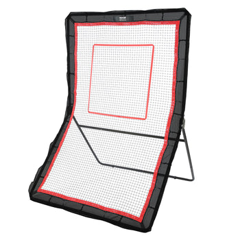 Black and red soccer rebounder net with sturdy frame, perfect for training and skill development.