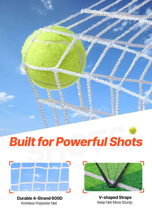 Durable 4-strand knotless polyester tennis net with V-shaped straps, featuring a bright yellow tennis ball.
