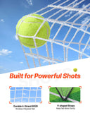 Durable 4-strand knotless polyester tennis net with V-shaped straps, featuring a bright yellow tennis ball.