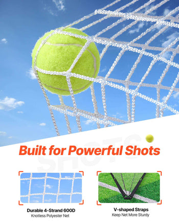 Durable 4-strand knotless polyester tennis net with V-shaped straps, featuring a bright yellow tennis ball.