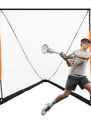 Youth lacrosse practice goal with black netting, orange corner markers, and sturdy frame; ideal for training sessions.