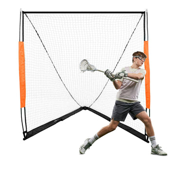 Youth lacrosse practice goal with black netting, orange corner markers, and sturdy frame; ideal for training sessions.