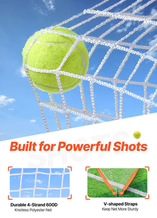 Durable 4-strand 600D knotless polyester net with V-shaped straps, designed for powerful tennis shots. Bright yellow ball included.