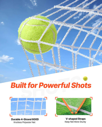 Durable 4-strand 600D knotless polyester net with V-shaped straps, designed for powerful tennis shots. Bright yellow ball included.