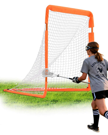 Orange lacrosse goal with white netting, perfect for practice; lightweight design suitable for all skill levels.