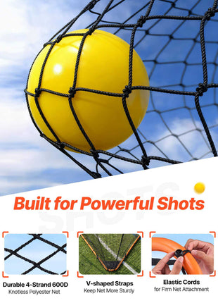 Durable black polyester net with yellow ball, featuring V-shaped straps and elastic cords for secure attachment.