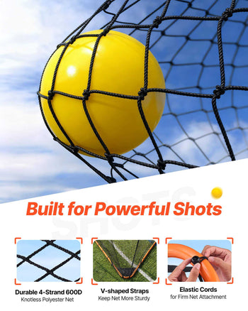 Durable black polyester net with yellow ball, featuring V-shaped straps and elastic cords for secure attachment.