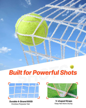 Durable 4-strand 600D knotless polyester tennis net with vibrant yellow ball, featuring sturdy V-shaped straps.