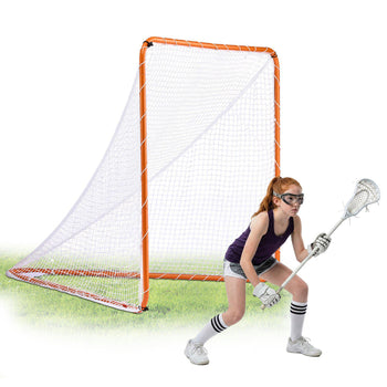 Youth lacrosse goal, orange metal frame, white net, girl in purple tank top and gray shorts, ready to catch.