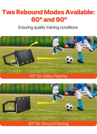 Black rebounder with two adjustable angles, 60° for volley passing and 90° for ground passing, ideal for soccer training.