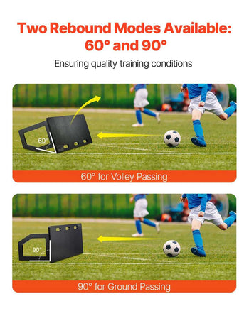 Black rebounder with two adjustable angles, 60° for volley passing and 90° for ground passing, ideal for soccer training.