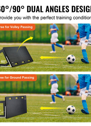 Black soccer training rebounder, dual angle design (60° & 90°), ideal for volley and ground passing practice.