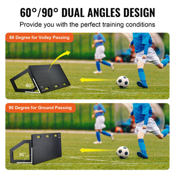 Black soccer training rebounder, dual angle design (60° & 90°), ideal for volley and ground passing practice.