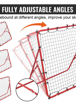 Red adjustable soccer rebounder net with sturdy frame, designed to improve skills at various angles.