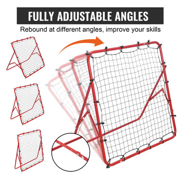 Red adjustable soccer rebounder net with sturdy frame, designed to improve skills at various angles.