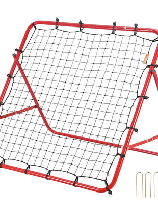 Red metal soccer rebounder net with a sturdy black netting and six ground stakes for outdoor training.