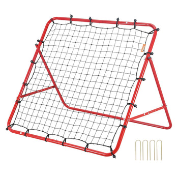 Red metal soccer rebounder net with a sturdy black netting and six ground stakes for outdoor training.