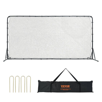 Black portable soccer goal with net, metal frame, includes stakes and carrying bag, perfect for outdoor play.