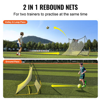 2-in-1 rebound nets in yellow and black, perfect for volley and ground pass practice for two players.