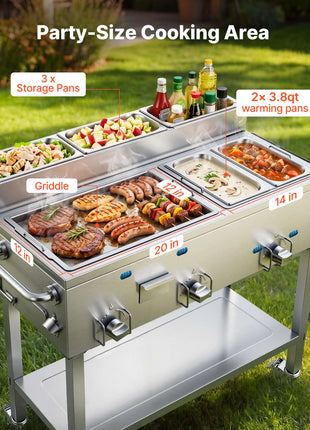 Outdoor Propane Griddle, 3 Burners (11,600 BTU Each), Commercial Stainless Steel Griddle with Two 1/3 Size Food Warming Pans, Portable Cart with 4 Lockable Wheels, for Hot Dogs, Burgers & Meats