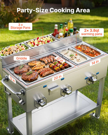 Outdoor Propane Griddle, 3 Burners (11,600 BTU Each), Commercial Stainless Steel Griddle with Two 1/3 Size Food Warming Pans, Portable Cart with 4 Lockable Wheels, for Hot Dogs, Burgers & Meats