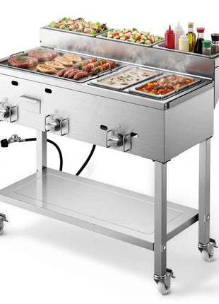 Outdoor Propane Griddle, 3 Burners (11,600 BTU Each), Commercial Stainless Steel Griddle with Two 1/3 Size Food Warming Pans, Portable Cart with 4 Lockable Wheels, for Hot Dogs, Burgers & Meats