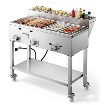Outdoor Propane Griddle, 3 Burners (11,600 BTU Each), Commercial Stainless Steel Griddle with Two 1/3 Size Food Warming Pans, Portable Cart with 4 Lockable Wheels, for Hot Dogs, Burgers & Meats