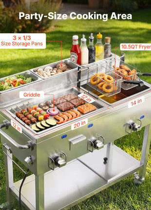 Outdoor Propane Fryer & Griddle Combo, 3 Burners (11,600 BTU Each), Commercial Stainless Steel Frying Cart with Wheels, 2 Fryer Baskets & 3 Food Pans, for Hot Dogs, Fried Chicken, Fries, Meats