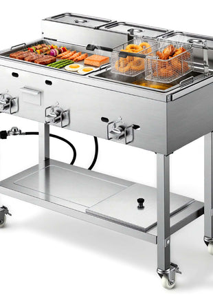 Outdoor Propane Fryer & Griddle Combo, 3 Burners (11,600 BTU Each), Commercial Stainless Steel Frying Cart with Wheels, 2 Fryer Baskets & 3 Food Pans, for Hot Dogs, Fried Chicken, Fries, Meats
